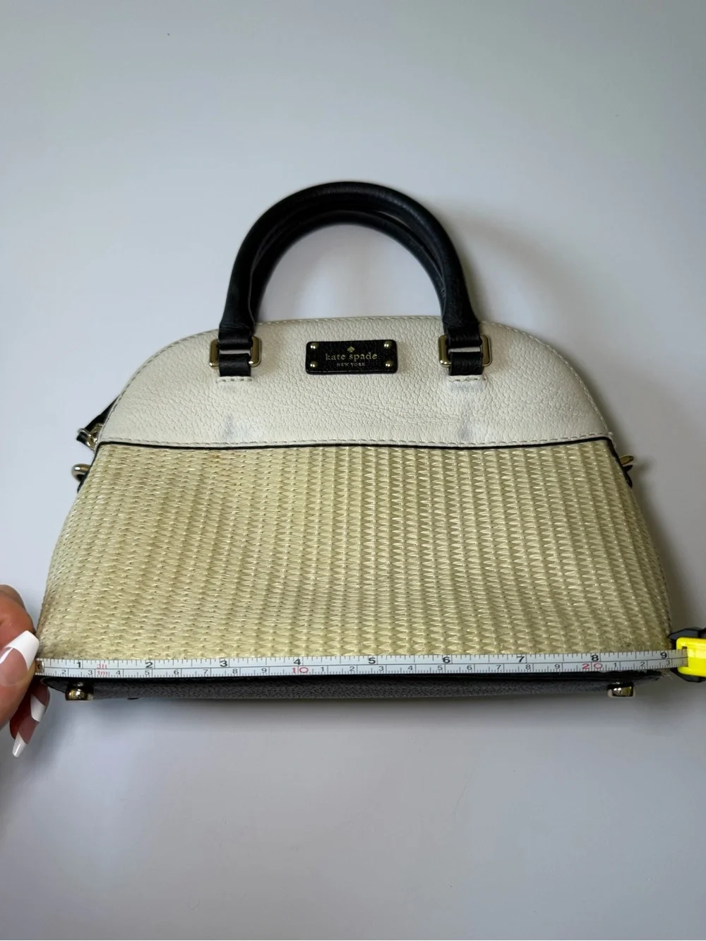 kate spade Cream and Black Woven Dome Satchel with Gold Hardware